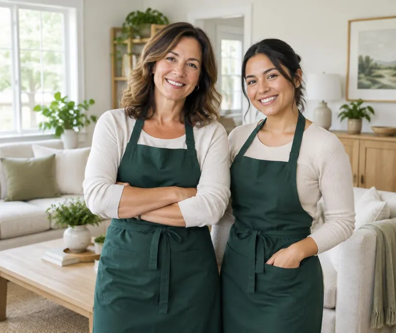 Dana and Maria in evergreen aprons in a bright living room